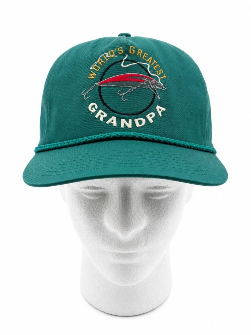 Vintage Grandpa Snapback Hat Green Embroidered Fishing Themed Adjustable